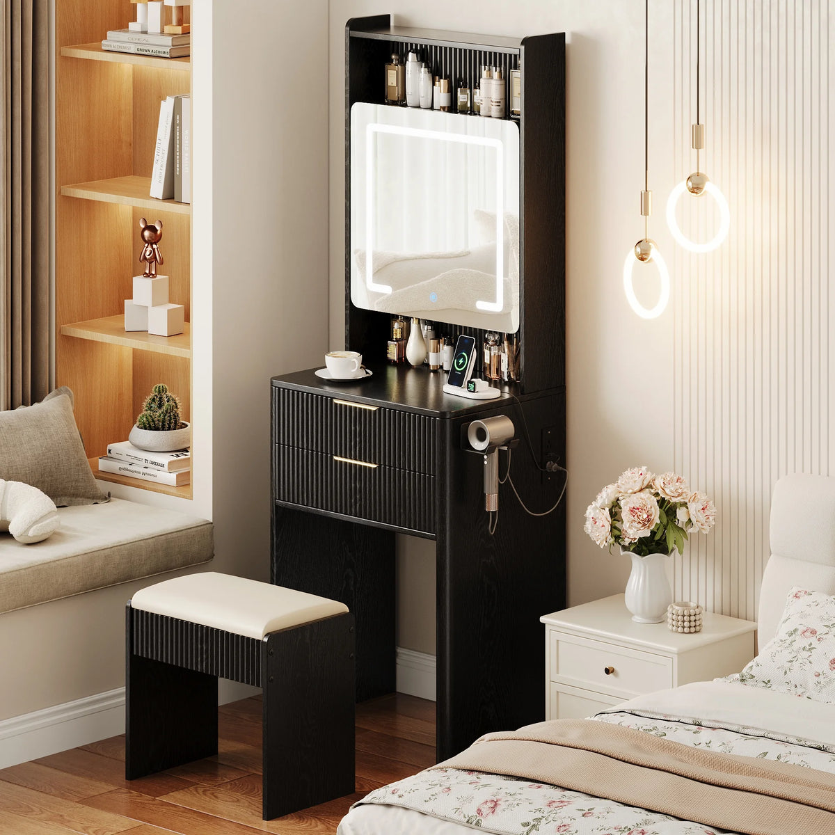 UGTOO 45.2" Modern Vanity Desk with LED Mirror & USB Charging, Wood Makeup Dressing Table with 7 Drawers for Bedroom