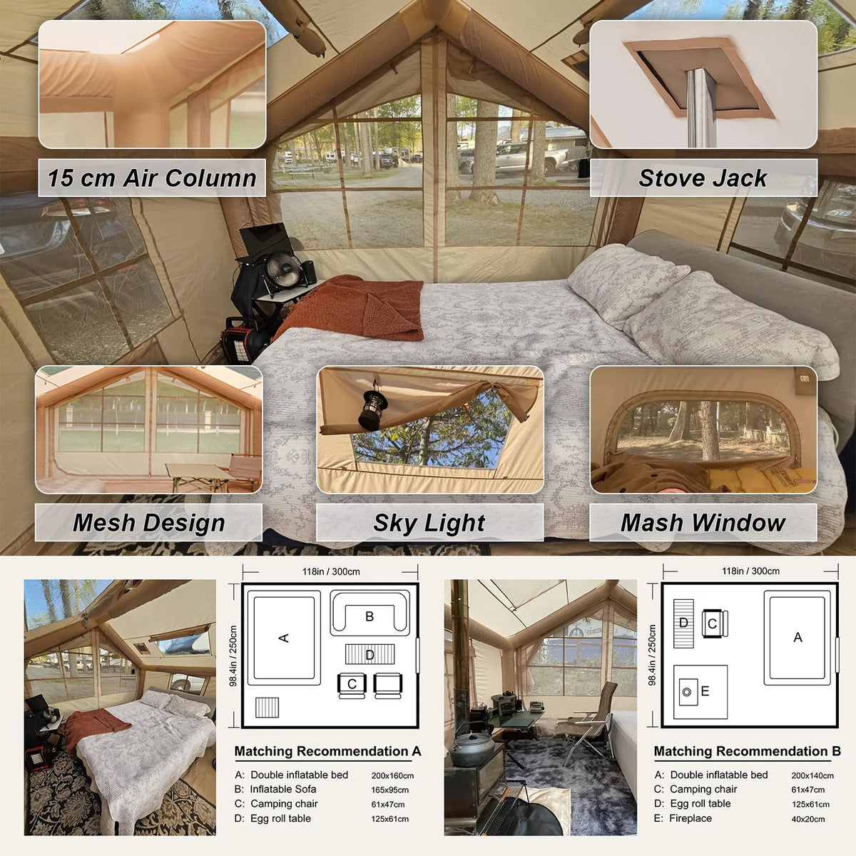 9.8' x 7' Inflatable Camping Tent,4 Season Blow up Tents for Camping, 4-6 Person Inflatable Tent with Stove Jack,Air Tents,Glamping Tent,Waterproof Luxury House with Mesh Window