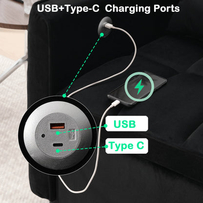 Velvet 3-in-1 Convertible Sofa Bed �C USB Charging, Adjustable Backrest Pull-Out Couch Loveseat Sleeper for Living Room, Apartment & Small Space,Black