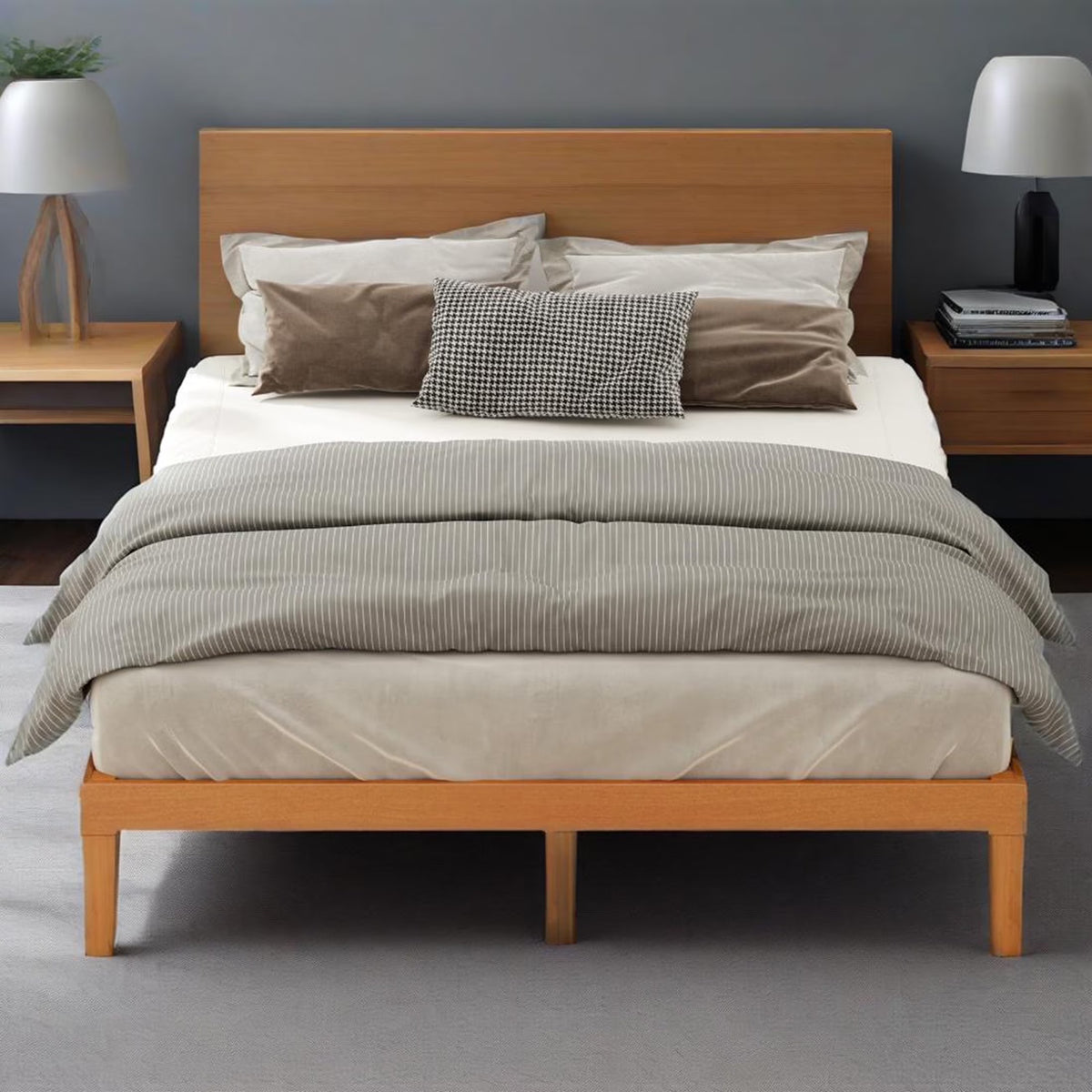 MCQ Full Size Wood Bed Frame, 12in Wooden Platform Bed Frame with Support Slats, No Spring Needed, Storage Space Under Base, Natural Pine