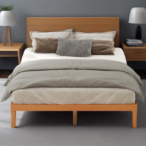 MCQ Full Size Wood Bed Frame, 12in Wooden Platform Bed Frame with Support Slats, No Spring Needed, Storage Space Under Base, Natural Pine
