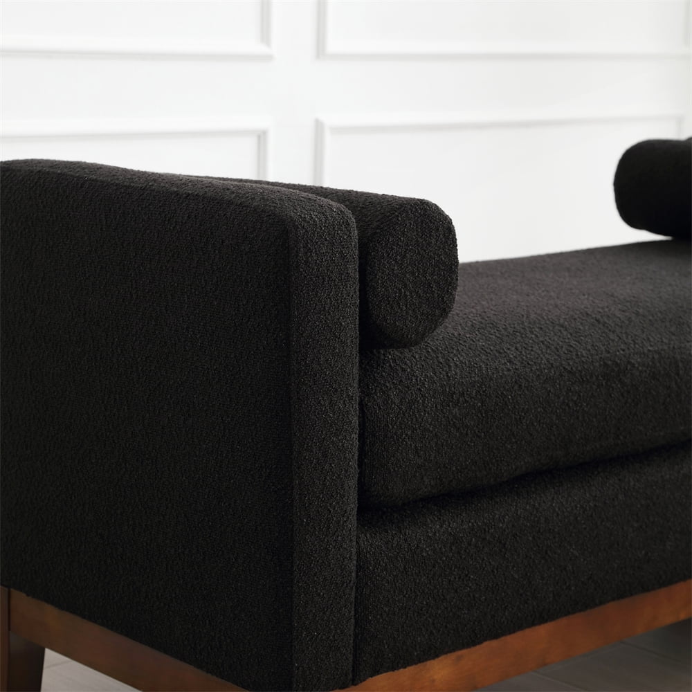 53.5"W Elegant Upholstered Bench with Wood Legs & Round Pillows,Comfy Boucle Fabric Footrest with Arms, Entryway Bench for End of Bed, Bedroom and Living Room, Ivory