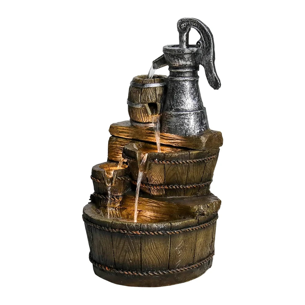 Outdoor Floor Rustic 5-Tiered Barrel and Pump Water Fountain for Garden and Patio Decor