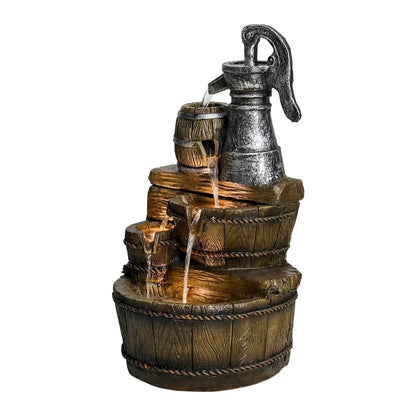 Outdoor Floor Rustic 5-Tiered Barrel and Pump Water Fountain for Garden and Patio Decor
