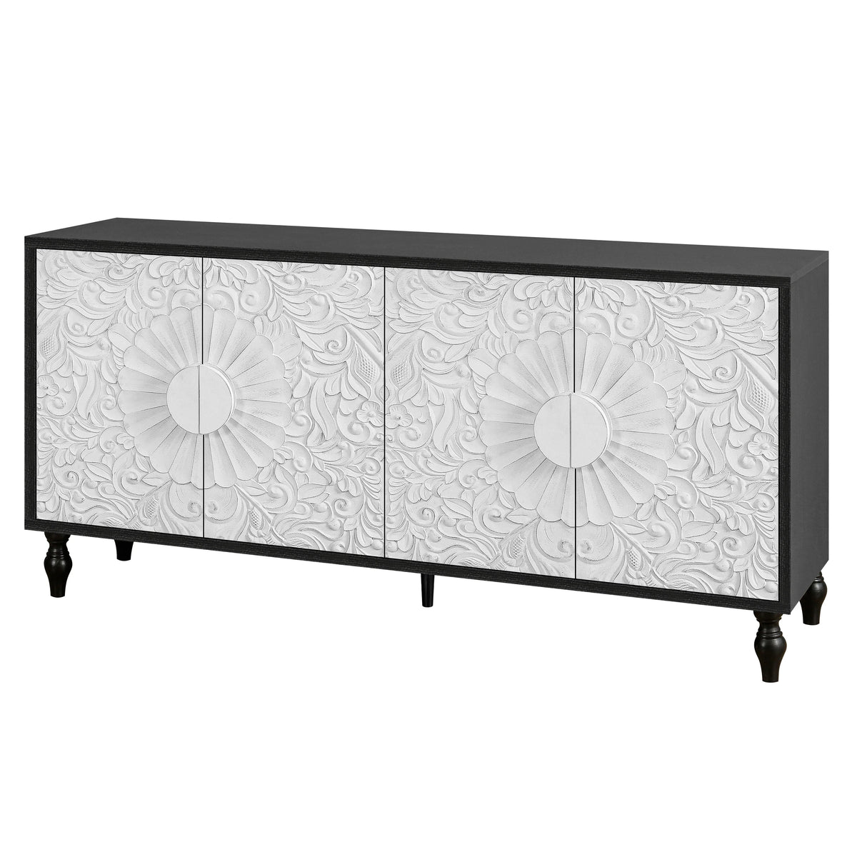 Aukfa 63" Large Accent Storage Cabinet TV Stand with Carved Door for Living Room,Entryway,Natural