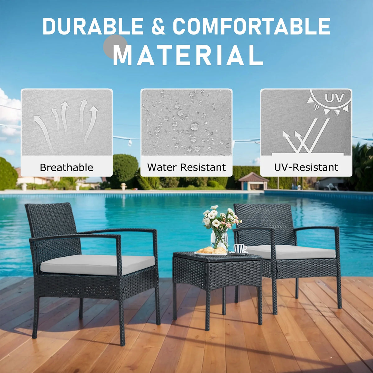 Tappio Outdoor Furniture 3 Piece Patio Bistro Furniture Set, Rattan Conversation Chairs Set with Side Table and Cushions, Patio Furniture Sets for Balcony Garden Porch, Red