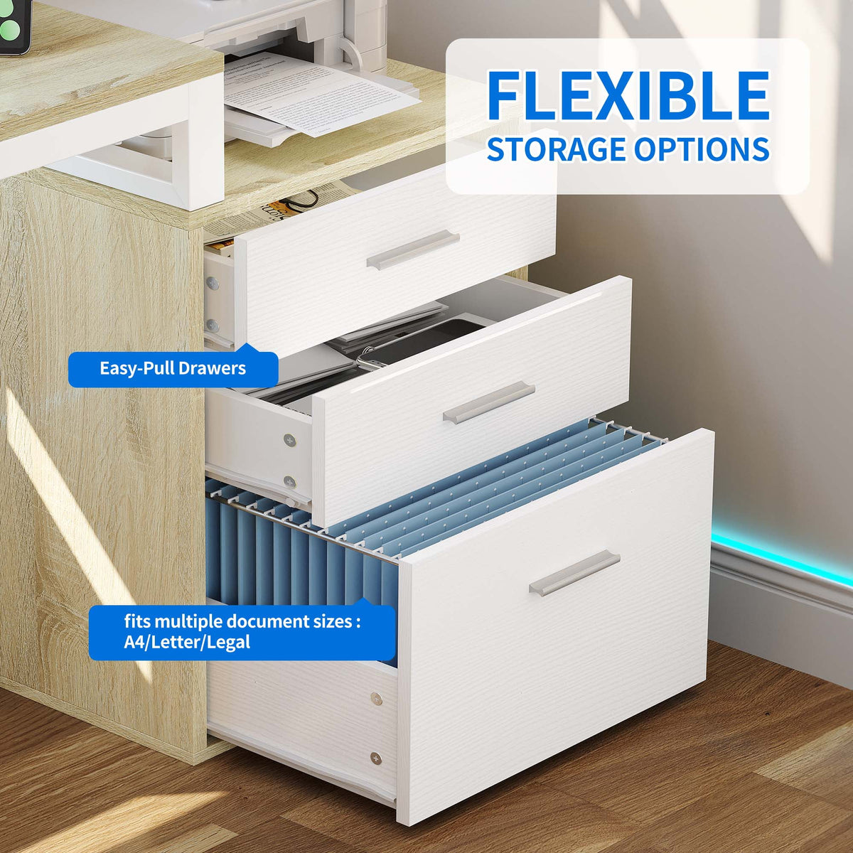 Dextrus 65" L Shaped Desk with Power Outlets and Monitor Stand , Computer Desk with LED Light &File Cabinet, Corner Desk with 3 Drawers & 4 Open Storage Shelves, Modern Home Office Desk, White