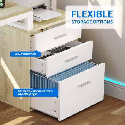 Dextrus 65" L Shaped Desk with Power Outlets and Monitor Stand , Computer Desk with LED Light &File Cabinet, Corner Desk with 3 Drawers & 4 Open Storage Shelves, Modern Home Office Desk, White