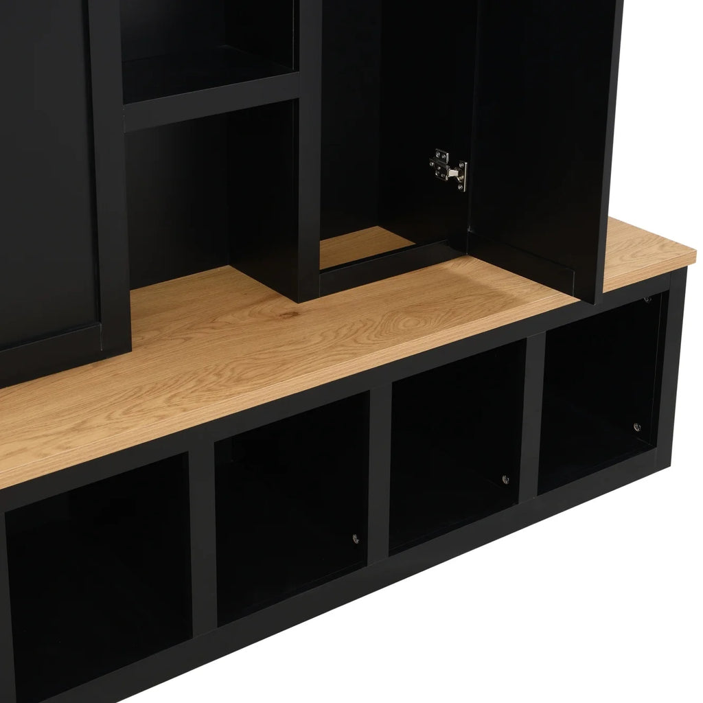 63" Farmhouse Hall Tree with Bench and Shoe Storage, 4-in-1 Entryway Bench with 4 Storage Cabinets, 5 Shoe Cabinets and 6 Hanging Hooks, Black