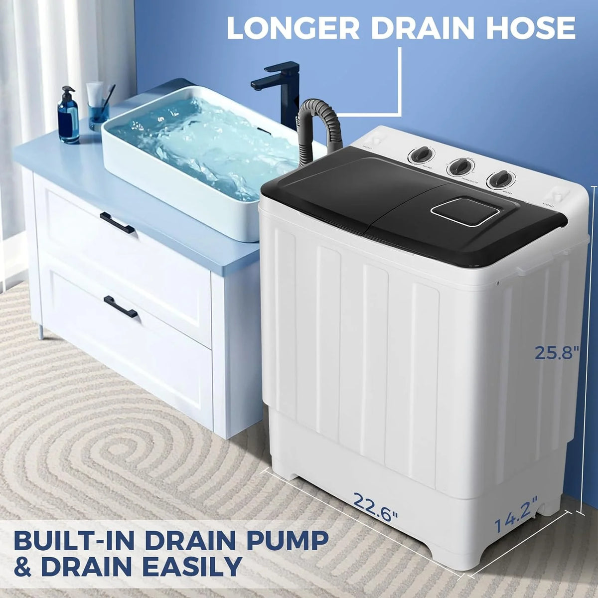 Qhomic Portable Washer 30lbs, 2-in-1 Twin Tub Washer & Dryer Combo Compact Semi-Automatic Washing Machine with Drain Pump, Black