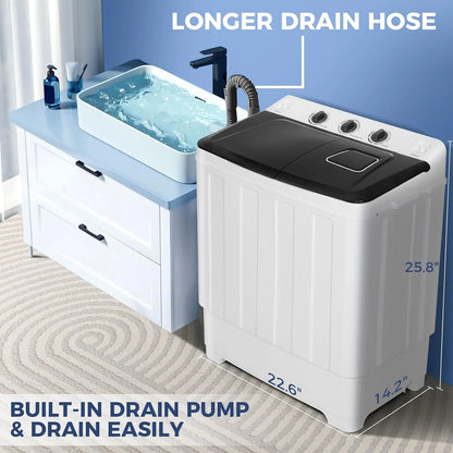 Qhomic Portable Washer 30lbs, 2-in-1 Twin Tub Washer & Dryer Combo Compact Semi-Automatic Washing Machine with Drain Pump, Black