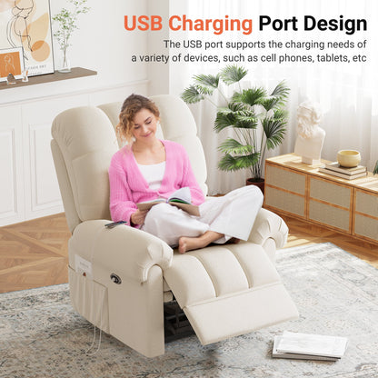 Power Recliner Chair,Electric Recline Sofa Chair for Adults with USB Port,Comfy Teddy Fleece Adjustable Cloud Sofa,Tool-Free Setup,Beige White
