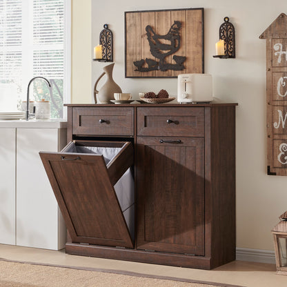 SinCiDo Kitchen Double Tilt Out Trash Can Cabinet, 20 Gallon Farmhouse Wooden Trash Garbage Can with Drawer