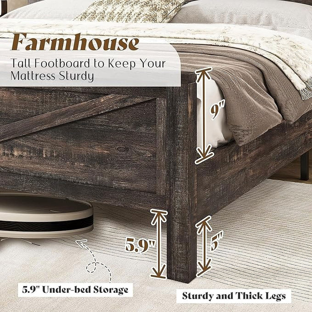 Merluxy Farmhouse Full Bed Frame with Storage Bookcase & Charging Station, Bedroom Furniture, Grey