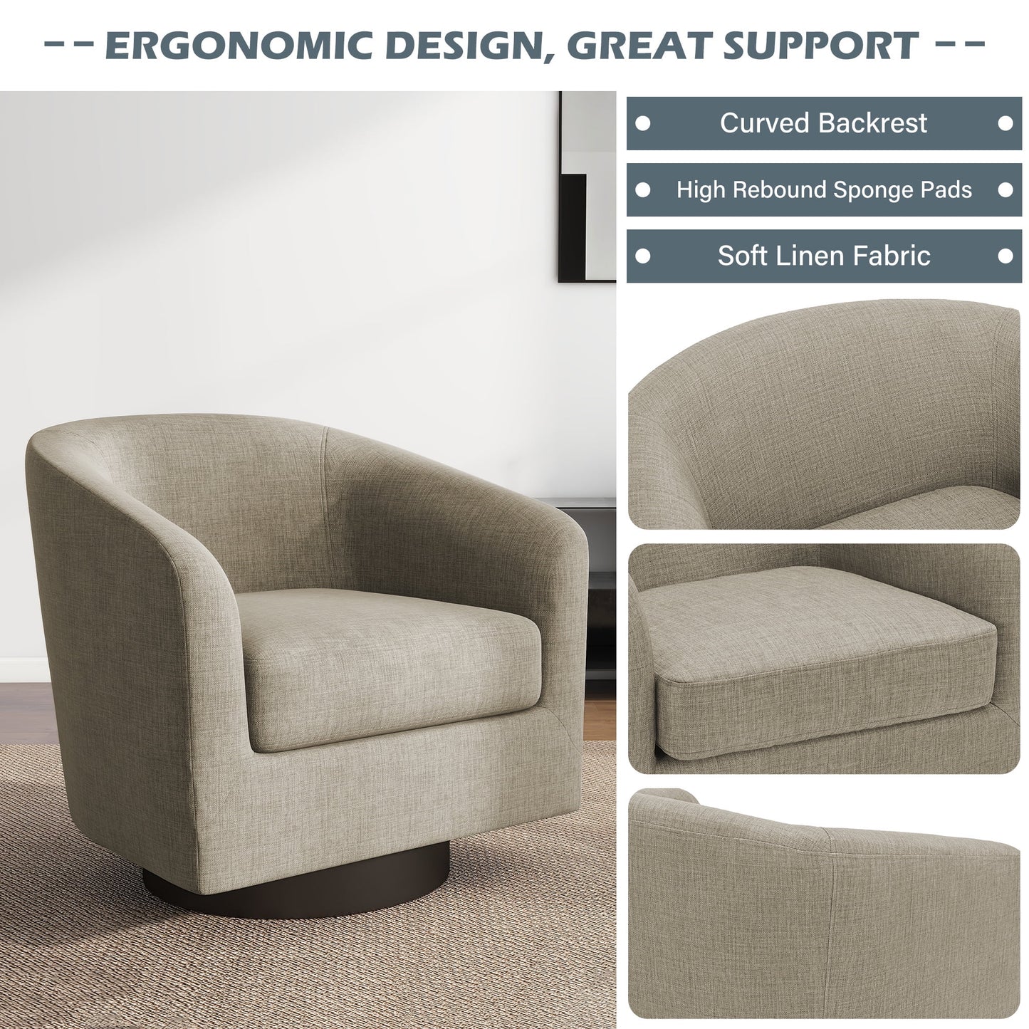 UIXE Swivel Accent Chair, Upholstered Fabric Barrel Chair for Living Room, Small Single Sofa Bedroom Reading Seat, Light Gray