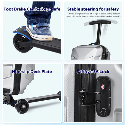 Advwin Scooter Suitcase for Kids & Adults, 3-D Hardshell Ride On Scooter Luggage with LED Light Up Wheels, TSA Lock, Lightweight Foldable Carry On Rideable Suitcase for Children Teenagers, Silver