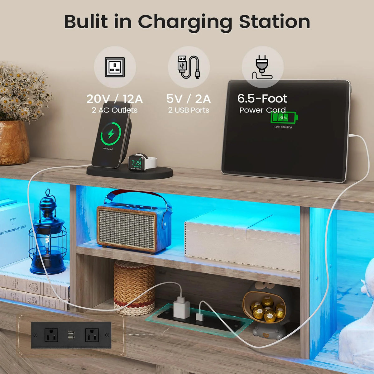 Twin Bed Frame with 4 Storage Drawers and Charging Station, Farmhouse Wooden Led Twin Bed with Storage Hidden Space Headboard and Metal Slats, Gray
