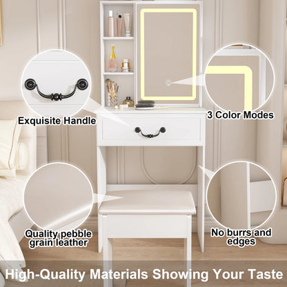 Montary Modern Mini Vanity w/Adjustable LED Mirror + Hidden Storage, Padded Stool & Dustproof Shelves (White)