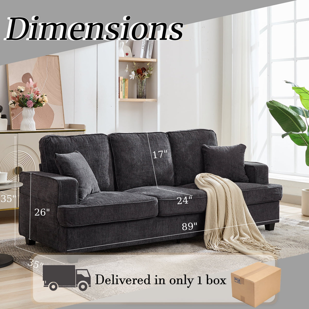 Korser 89" Chenille Sofa 3 Seater Couch with Extra Upholstered Deep Seats for Living Room,Removable Cover,Beige