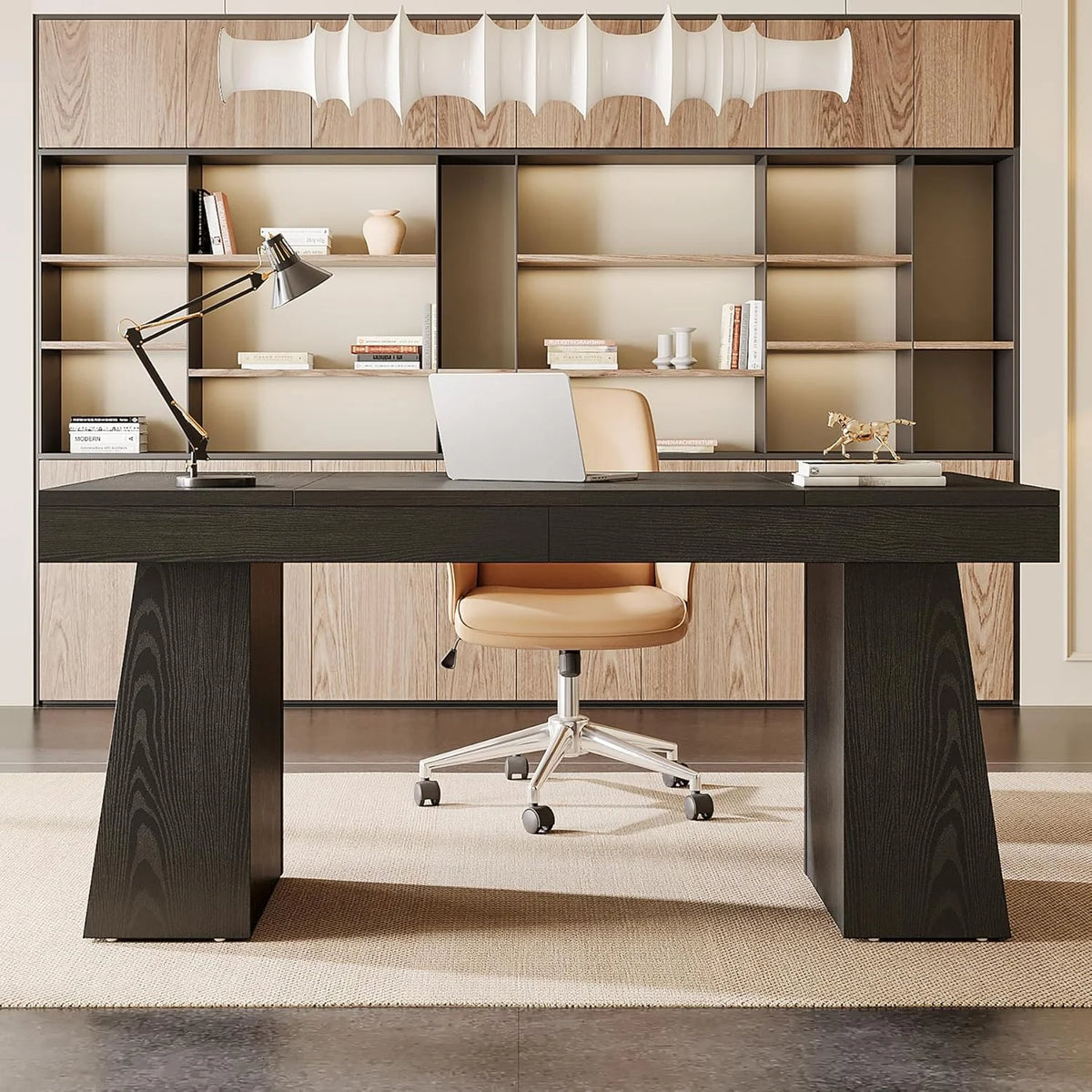 Tribesigns 55 Inches Executive Desk, Mid-Century Modern Home Office Desk with Double Trapezoid Base