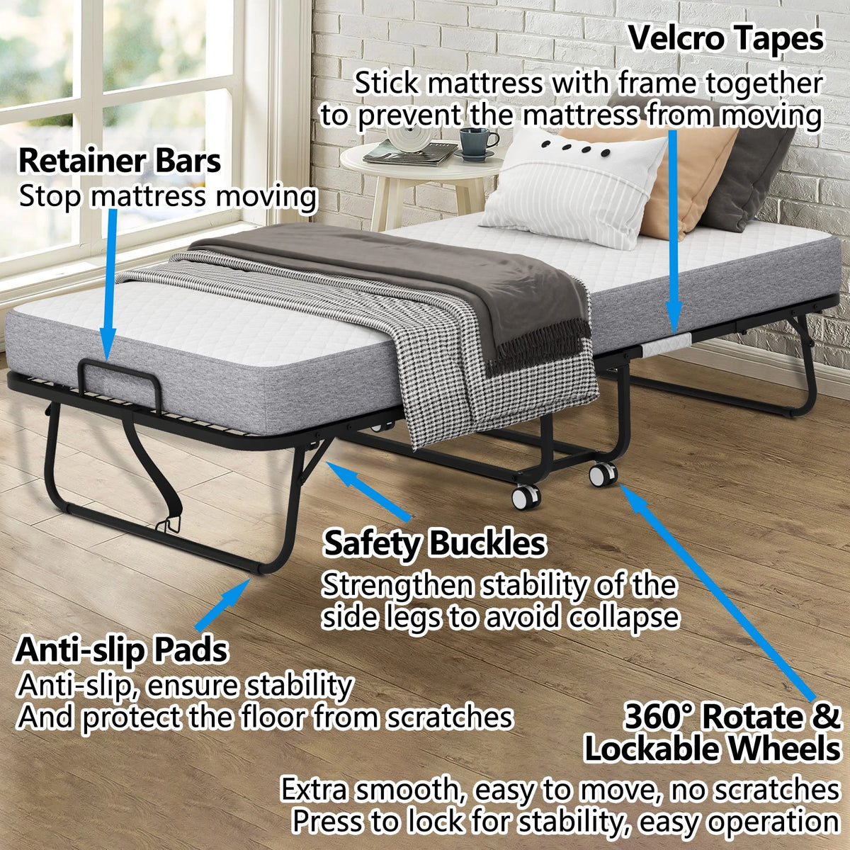 Folding Bed with Mattress 75" x 31" Cot Size Folded Bed, Rollaway Guest Bed Portable Foldable Extra Bed for Adults Daybed with 5" Memory Foam Mattress Space-Saving Sturdy Metal Grid Frame