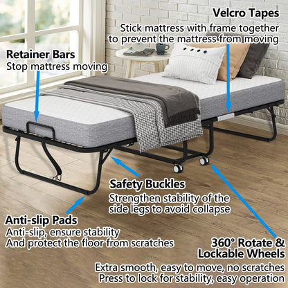 Folding Bed with Mattress 75" x 31" Cot Size Folded Bed, Rollaway Guest Bed Portable Foldable Extra Bed for Adults Daybed with 5" Memory Foam Mattress Space-Saving Sturdy Metal Grid Frame