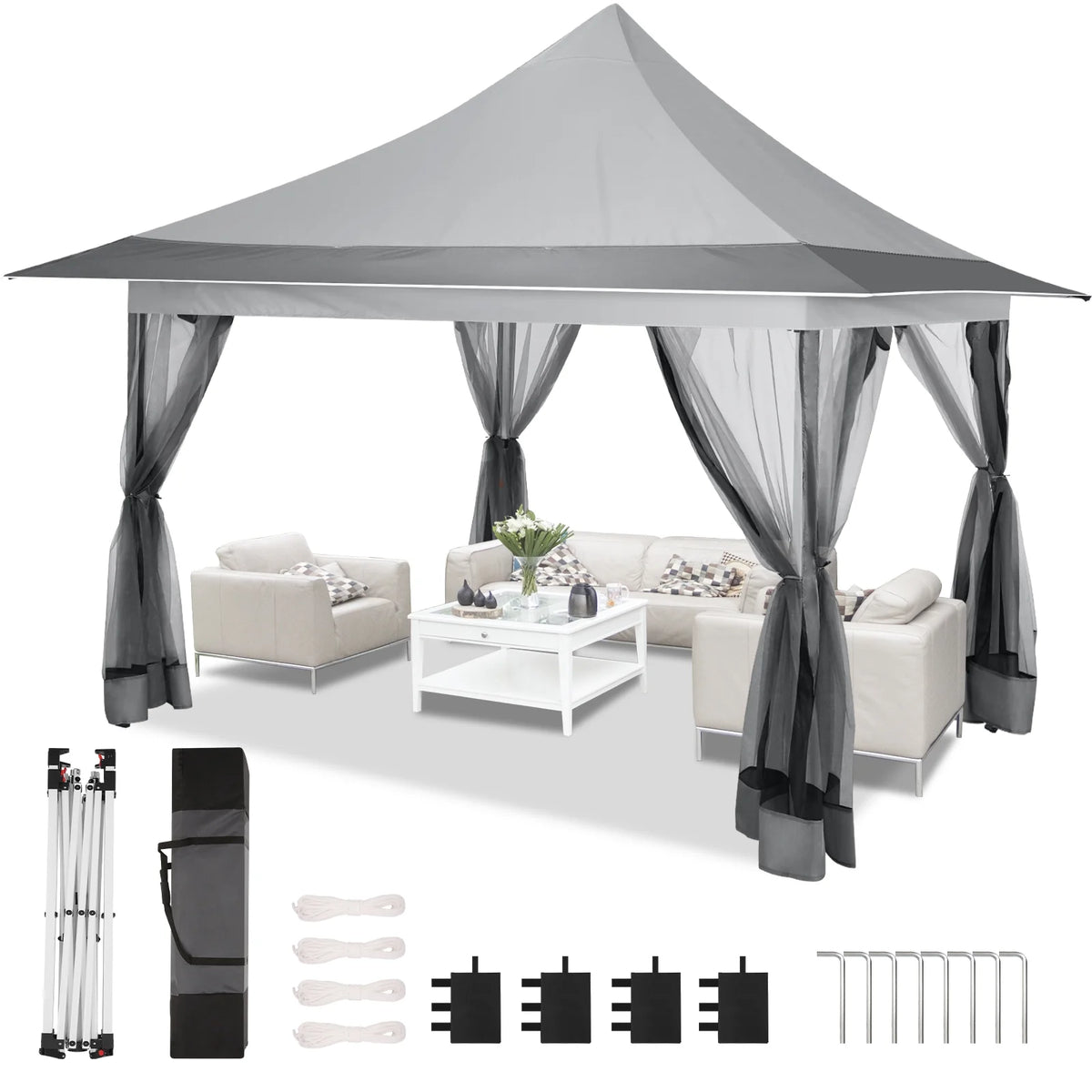 HOTEEL 12x12 EZ Pop Up Gazebo Tent with Sidewalls,Patio Gazebo Instant Shelter for Outdoor Party Camping Backyard Beach with Carry Bag,Stakes,Ropes,Gray