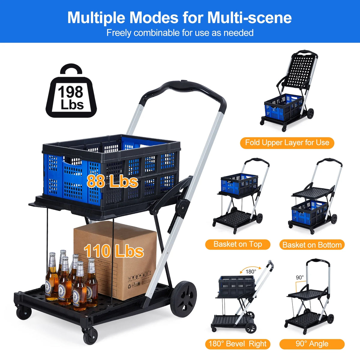Garvee Foldable Shopping Cart for Groceries, 2-Tier Collapsible Utility Carts with Wheels & Removable Storage Crate, Aluminium & PP, Portable for Supermarket & Home Use