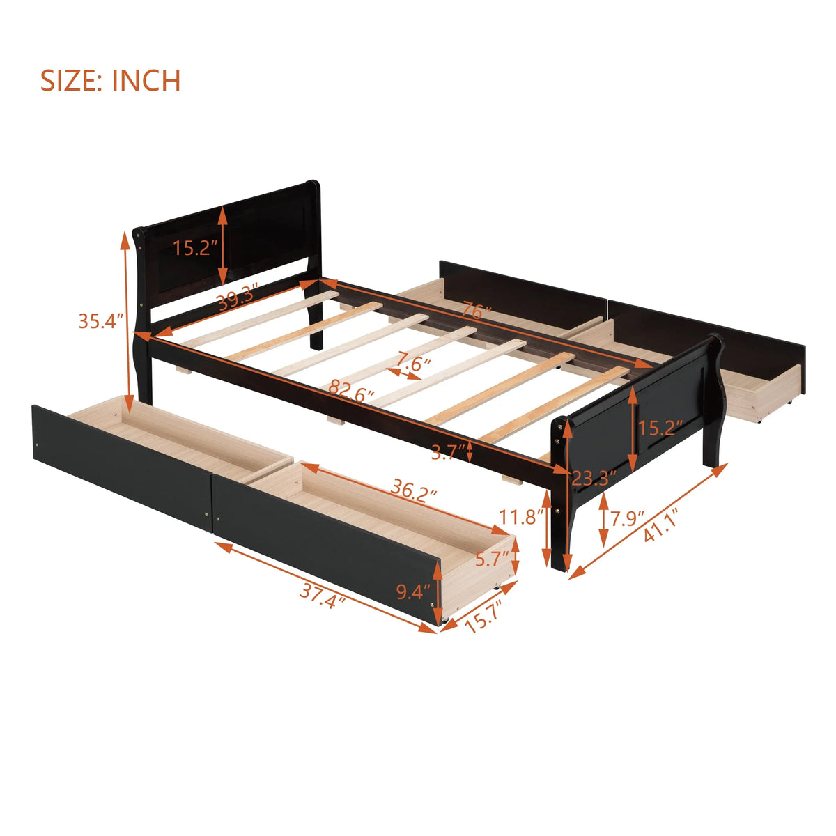 Full Size Wood Platform Bed with 4 Drawers,Storage Bed Frame with Streamlined Headboard and Footboard for Kids, Teens, Boys, Girls,Wooden Slats Support, No Box Spring Needed,Oak