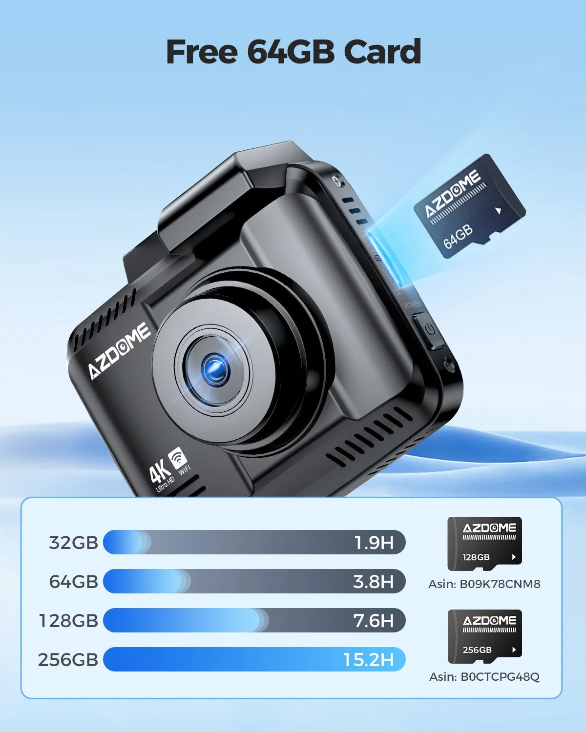 AZDOME Dash Cam Front and Rear, 4K+1080P Dual Dash Camera for Car, Dashboard Camera Built-in WiFi GPS, Free 64GB Card, Motion Detection, 24H Parking Mode, WDR Night Vision