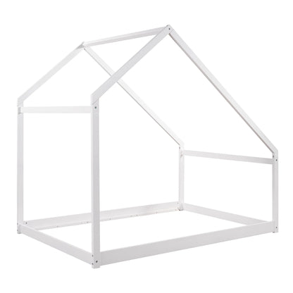 Full Size House Bed, Wooden Floor Bed Frame with Roof for Toddlers Kids Girls Boys, Can be Decorated, White 77.8"L x 56.8"W x73.2"H