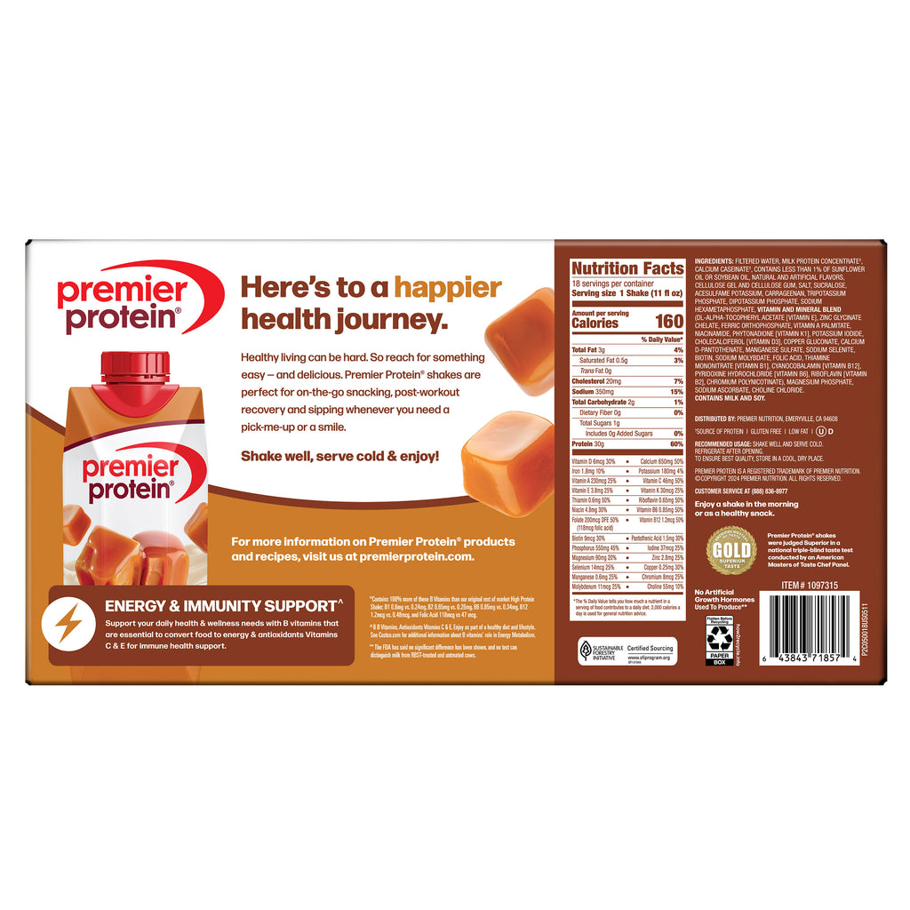 Premier 30g Protein PLUS Energy and Immune Support Shakes, Caramel, 11 fl oz, 18-pack