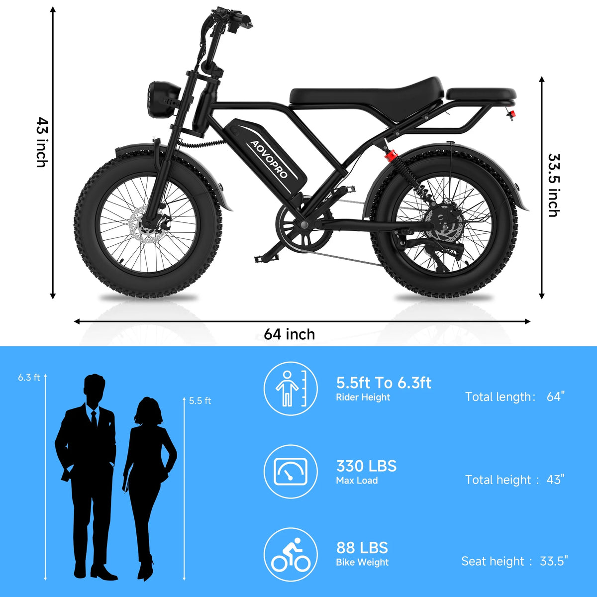 AOVOPRO AP20 Electric Bike for Adults 20 X 4.0 Fat Tire, 750W Off-Road E Bike, E-Mountain Bike 48V 15.6AH UL2849