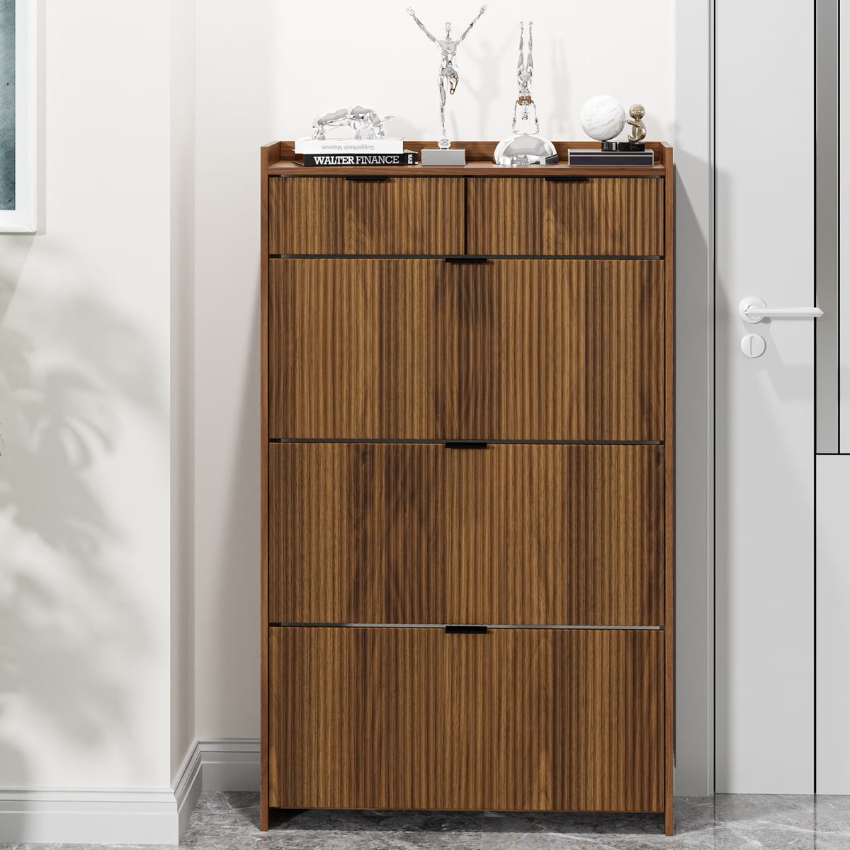 Shoe Cabinet, Free Standing Tipping Bucket Shoe Rack Organizer with 3 Flip Drawers, Modern Entryway Narrow Shoe Rack with 2 Drawers & Top Storage, for Hallway Bedroom, Walnut