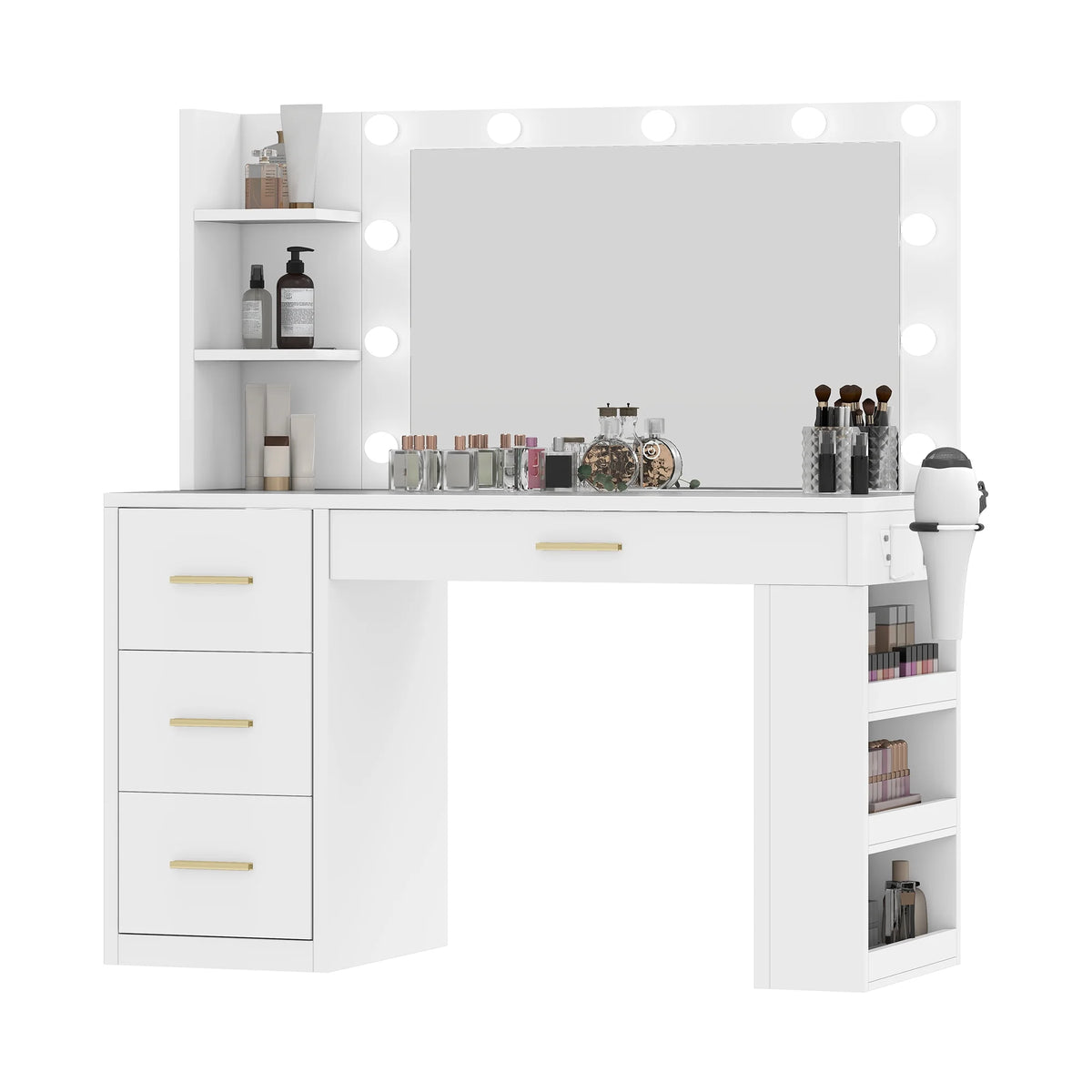 Uforic Makeup Vanity Desk with Mirror & Lights, Vanity Desk with 4 Drawers & Storage Shelves - White