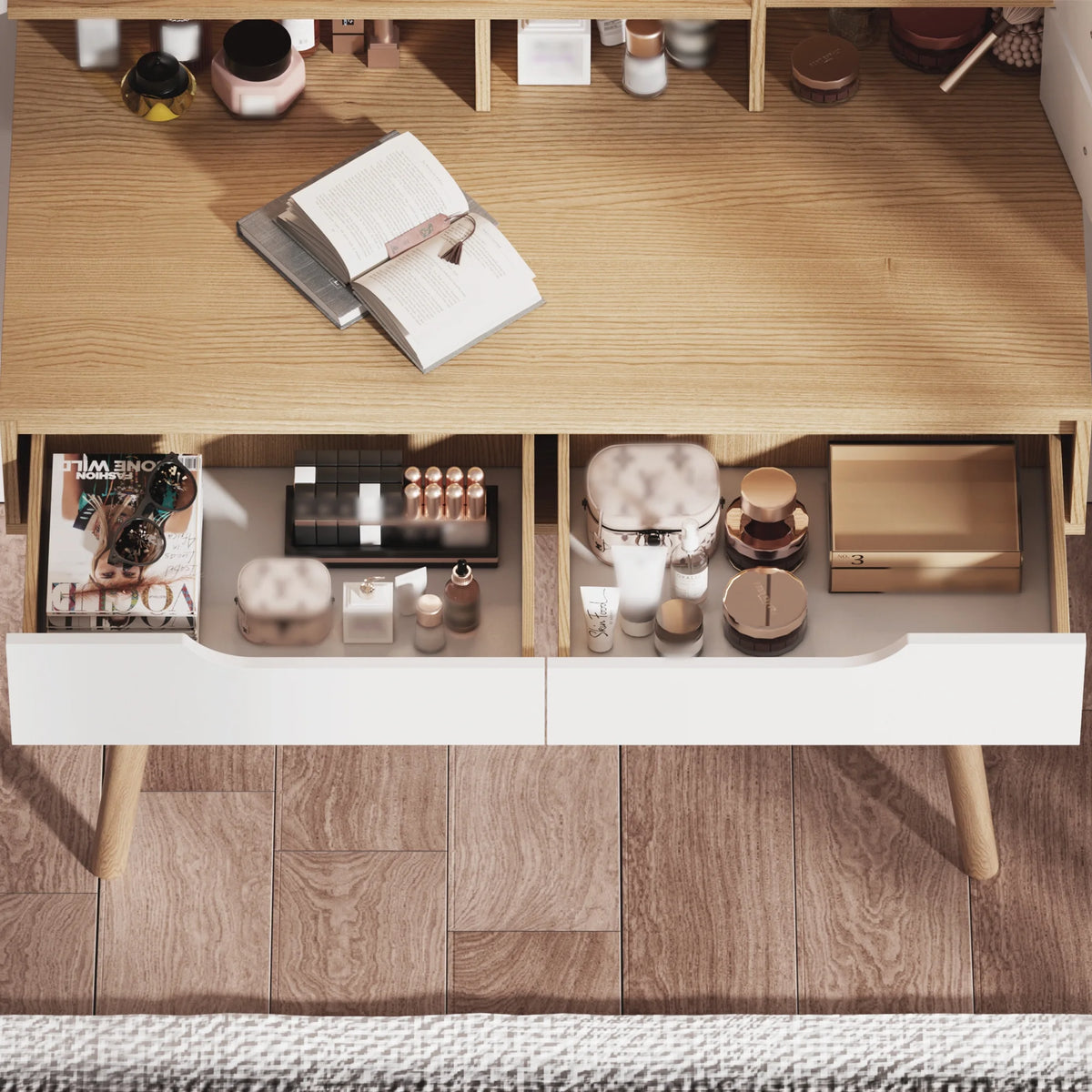 Montary Modern Mini Vanity w/Adjustable LED Mirror + Hidden Storage, Padded Stool & Dustproof Shelves (White)