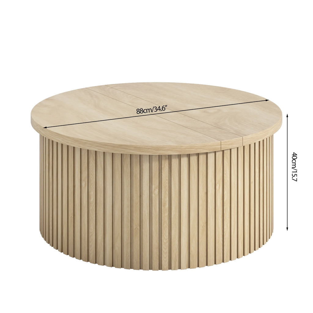 Oubayajia Round Coffee Table with Storage, Wood Lift Top Coffee Table, Waveform Panel, Natural