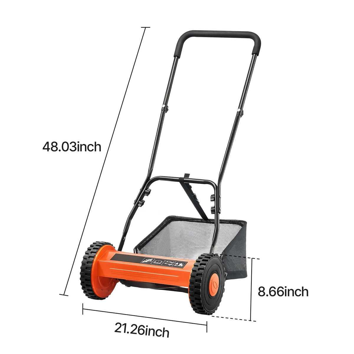 KFFKFF 16-Inch Manual Push Reel Lawn Mower, 5-Blade Design, Adjustable Cutting Height from 0.6 to 1.75 Inches, Walk-Behind Mower with Grass Collection Bag for Lawns, Driveways, and Courtyards