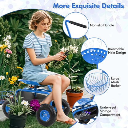 Costway Garden Cart Rolling Work Seat for Planting with Extendable Handle Green