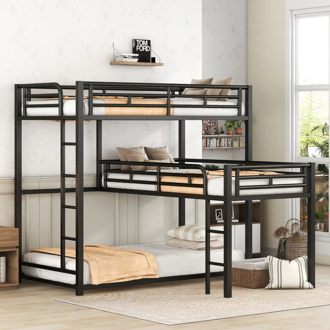 L Shaped Triple Bunk Bed for 3, Metal Triple Twin Size Bunk Beds Frame with Integrated ladder and Full-length Guardrails, Corner Triple Bunk Beds for Kids,Teens and Adults, Black