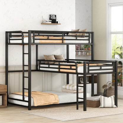 L Shaped Triple Bunk Bed for 3, Metal Triple Twin Size Bunk Beds Frame with Integrated ladder and Full-length Guardrails, Corner Triple Bunk Beds for Kids,Teens and Adults, Black