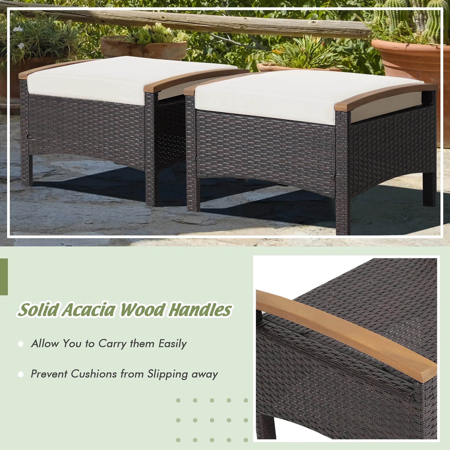 Costway Set of 2 Patio Rattan Ottoman Footrest Cushions Wooden Handle Beige