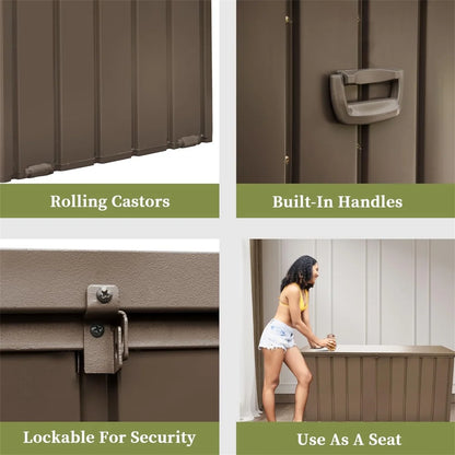 150 Gallon Outdoor Waterproof Storage Deck Box with Portable Side Handles and Moving Roller, Large Patio Storage Lockable for Outside Cushions, Throw Pillows, Garden Tools, Dark Gray