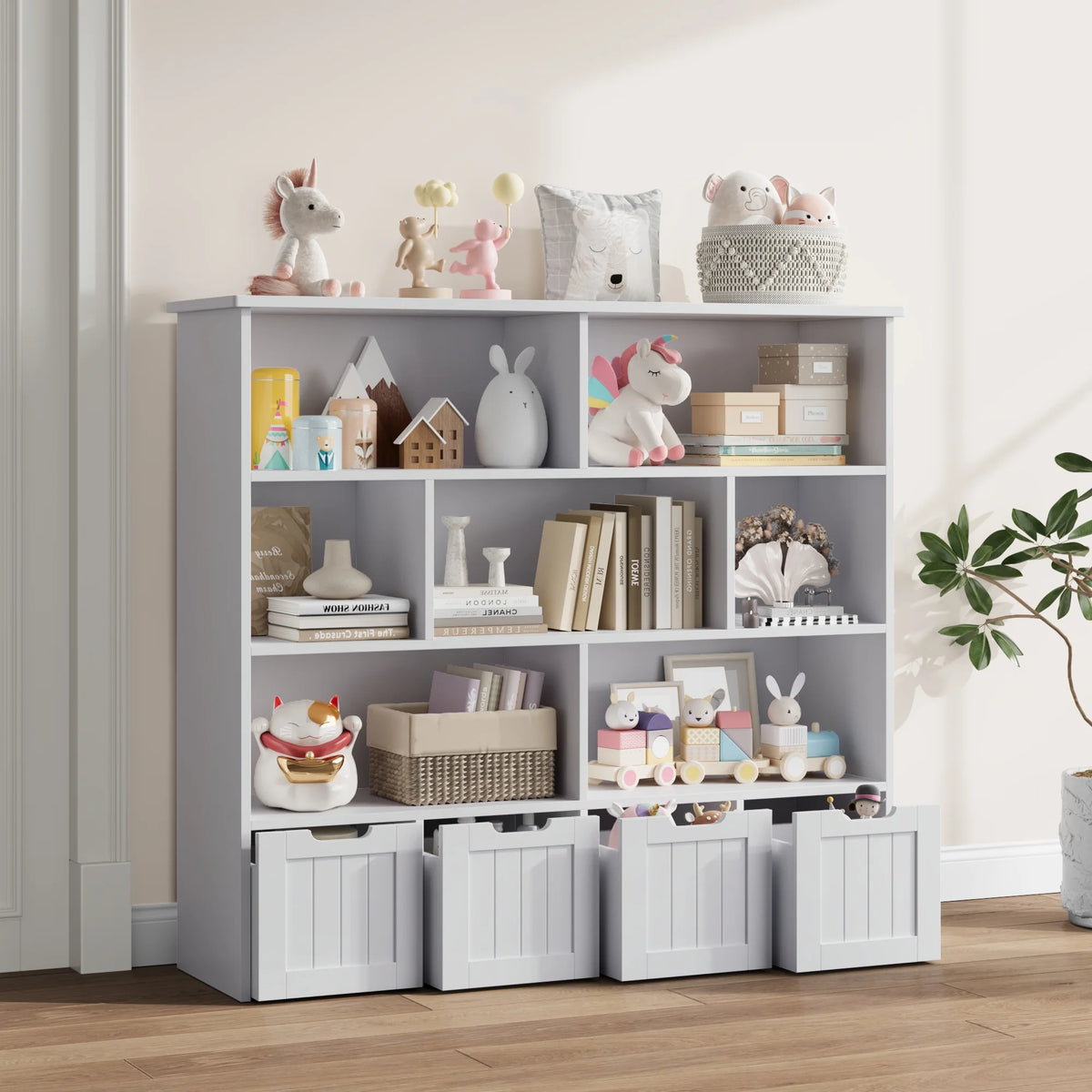 Homfa 7 Cube Toy Storage Organizer, Kids Geometric Bookcase and Bookshelf with 4 Drawers, White