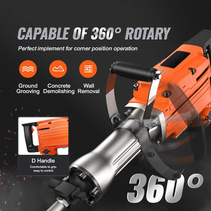 KFFKFF Demolition Jack Hammer, 2200W 1400 BPM Concrete Shattering Drill, Robust Electric Power Drill with 6 Chisel Attachments and Gloves, Front Handle