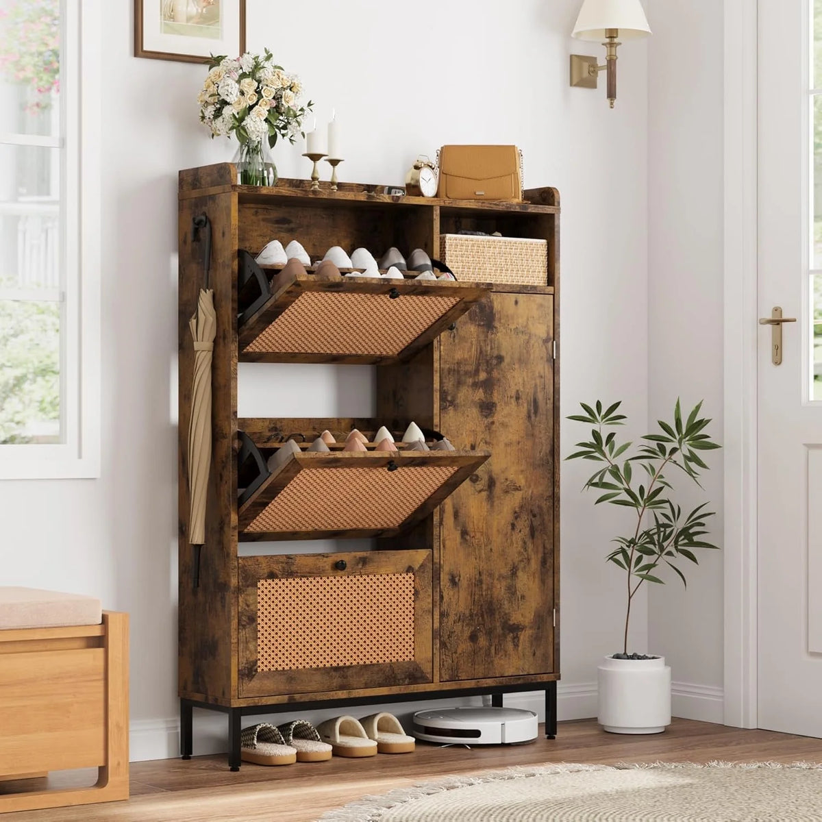 Garvee Rattan Shoe Storage Cabinet with Doors and 3 Flip Drawers, Freestanding Organizer with Adjustable Shelves for Entryway, Narrow Shoe Rack Cabinet for Hallway, Easy Assembly, Oak Color