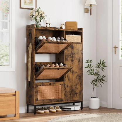 Garvee Rattan Shoe Storage Cabinet with Doors and 3 Flip Drawers, Freestanding Organizer with Adjustable Shelves for Entryway, Narrow Shoe Rack Cabinet for Hallway, Easy Assembly, Oak Color