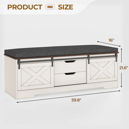 Farmhouse Storage Bench with Cushion, 31.4in Shoe Cabinet with Metal Barn Door and Half Hidden Storage Space for Entryway, Bedroom, Living Room, Old White