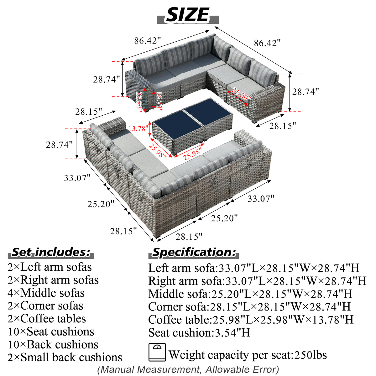 Ovios 12 Pieces Outdoor Furniture All Weather Wicker Patio Conversation Sectional Sofa Set with Side Table for Garden Backyard