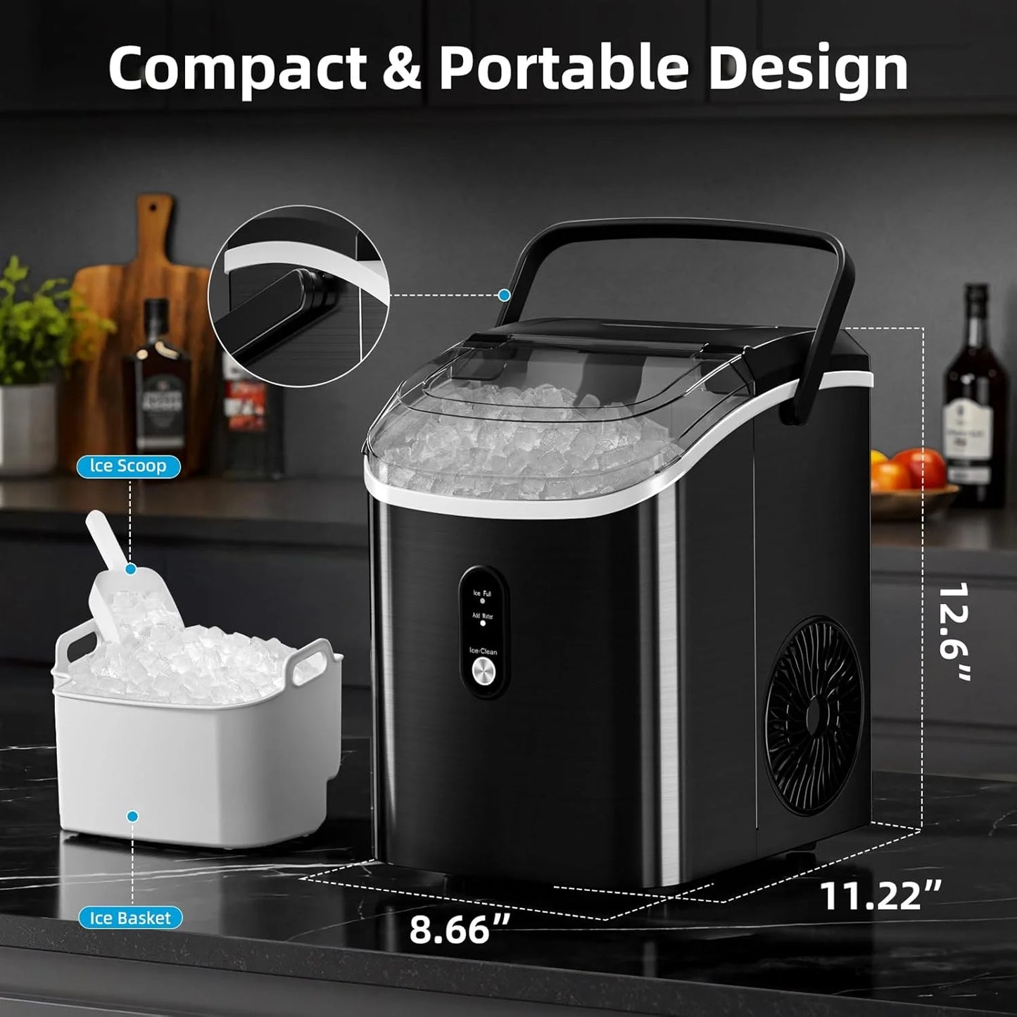 Auseo Nugget Ice Maker Countertop,  Ready in 6 Mins ,35Lbs Each  day with Self-Cleaning,Portable Sonic  Ice Machine  for Home/Office/Bar, Black